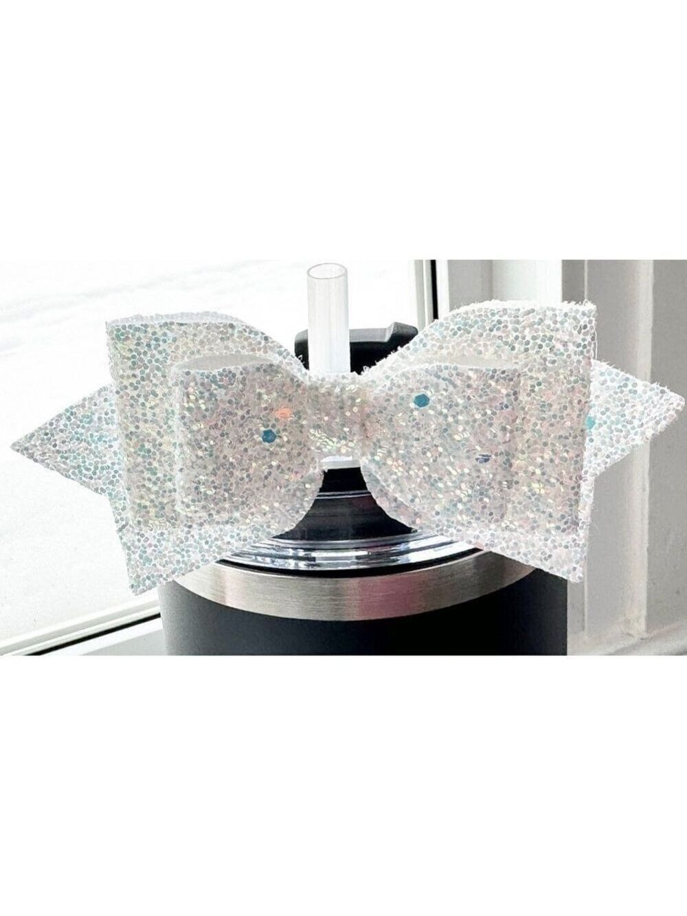 Silver Glitter Changing Color Straw Accessory Bow for Any Stanley or Tumbler